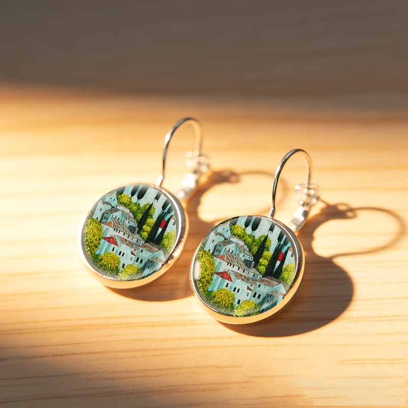 2pcs Set of Round Glass Inlaid Base Earrings, Exquisite White Design